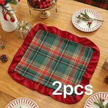 1/2/4pcs Vintage British Plaid Square Ruffled Napkins Placemats, Christmas Holiday Table Decor - Green - View 13