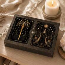 Kotak Penyimpanan Kartu Tarot Kayu Gelap Antik dengan Sentuhan Usang, Dicetak dengan Pola Tarot Dunia, Roda Zodiak, dan Buku Mantra Sihir Putih, Cocok untuk Kartu Ramalan Oracle - MultiWarna - View 2