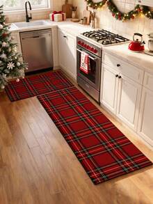 1/2pcs Christmas Floor Mat, Red Buffalo Plaid Pattern, Vintage Diatomaceous Earth Mat, Super Absorbent, Non-Slip, Perfect For Bathroom, Kitchen And Dining Room, Quick Drying, Perfect Gift For Home Decor And Bathroom Mat, Christmas Holiday Gift! - Multicolor - View 3