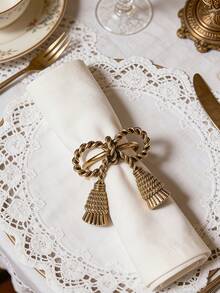 2-12pcs Vintage Gold Rope Knot Tassel Napkin Rings, Metal Bowknot Napkin Holders, Table Decor For Party, Holiday Event, Home Dinner, Birthday Party, Outdoor Gathering, Holiday Gift - Multicolor - View 8