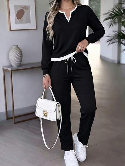 Women's Casual Colorblock Sweatshirt And Wide Leg Pants 2 Pieces Set With Pockets, Pullover V-Neck Sweatshirt Set, Sportswear, Beach, Office, Home, Streetwear, Spring/Autumn/Winter, Graduation Outfit, Teacher Outfit, Back To School, Spring/Summer/Autumn/Winter Clothing, Solid Color 2 Pieces Set, Long Sleeve Women's Winter Top, Loose Long Pants 2 Pieces Set, Autumn/Winter
