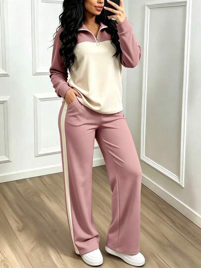 Women's Casual Set For Autumn/Winter, Elegant Sportswear With Loose Collar Top And Wide Leg Pants 2 Pieces Set