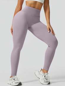 Women's Solid Light Purple Seamless Leggings, High Waist Tummy Control Booty Lift For Yoga Pilates Gym, Sportswear - Lilac Purple - View 7