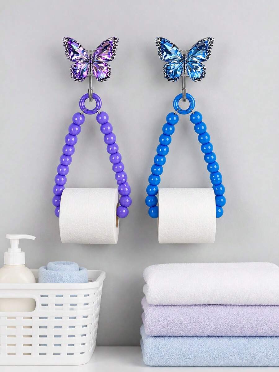 Butterfly Adhesive Hook Beaded Paper Towel Holder, No-Drill Wall-Mounted Roll Paper Rack, Luxury Rhinestone Decor, Quick Paper Replacement, Fits Kitchen Face Towels And Toilet Paper Rolls, Bathroom And Entryway Storage, Home Essential For Renters And Housewives, Back To School Home Decor Gift - Multicolor - View 1