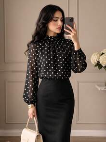 Women's Autumn Black Polka Dot Chiffon Ruched Blouse, Semi-High Neck, Back Bow, Long Sleeve, Commute Daily Elegant Blouse, Vacation Style - Black - View 1