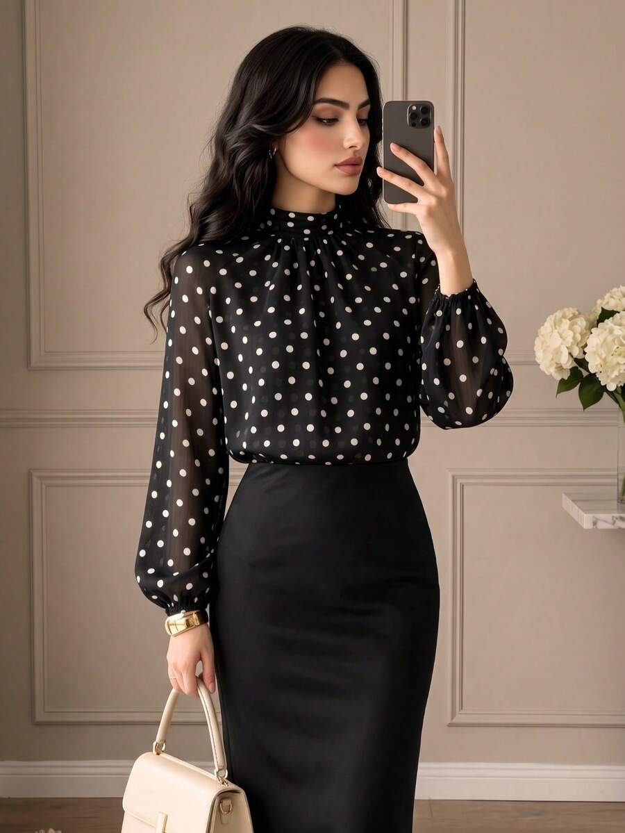 Women's Autumn Black Polka Dot Chiffon Ruched Blouse, Semi-High Neck, Back Bow, Long Sleeve, Commute Daily Elegant Blouse, Vacation Style - Black - View 1