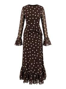 Women's Elegant Long Ruffle Hem Polka Dot Dress - Brown - View 8