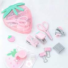 9pcs Set Alat Tulis Stroberi Lucu, Set Organizer Kantor Mini untuk Meja, Perlengkapan Siswa Gaya Jepang yang Lucu: Stapler, Gunting, dan Dispenser Selotip, Cocok untuk Anak Perempuan - MultiWarna - View 4