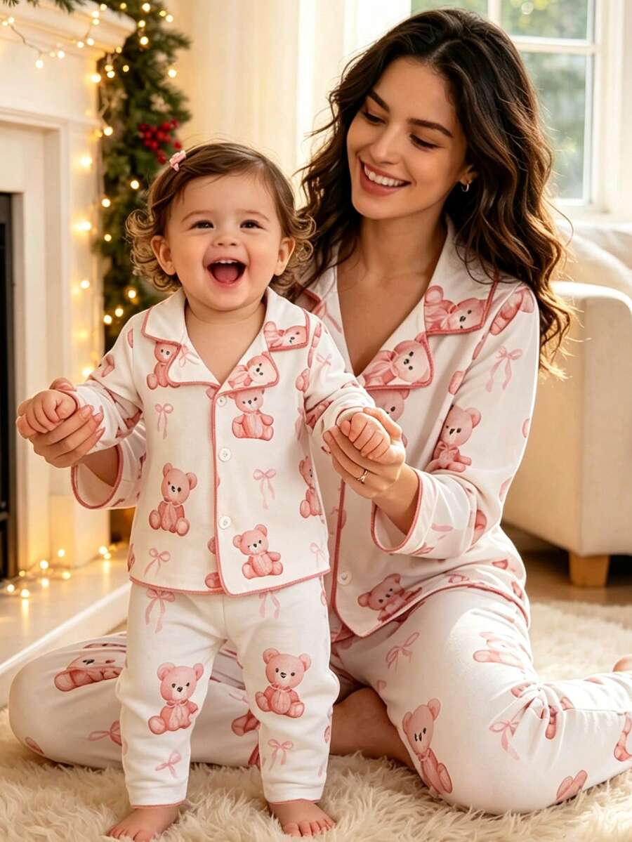Lurzo This Sweet And Cute Teddy Bear Print Long Sleeve Collared Top Paired With Long Pants, Comfortable For Home Wear, Suitable For Girls At Home, Also Suitable For Baby Girl's Casual Wear In Spring And Autumn. The Fabric Is Comfortable, The Design Is Unique, And It Is Suitable For Wearing In The Evening In Spring, Autumn And Winter. - White - View 1