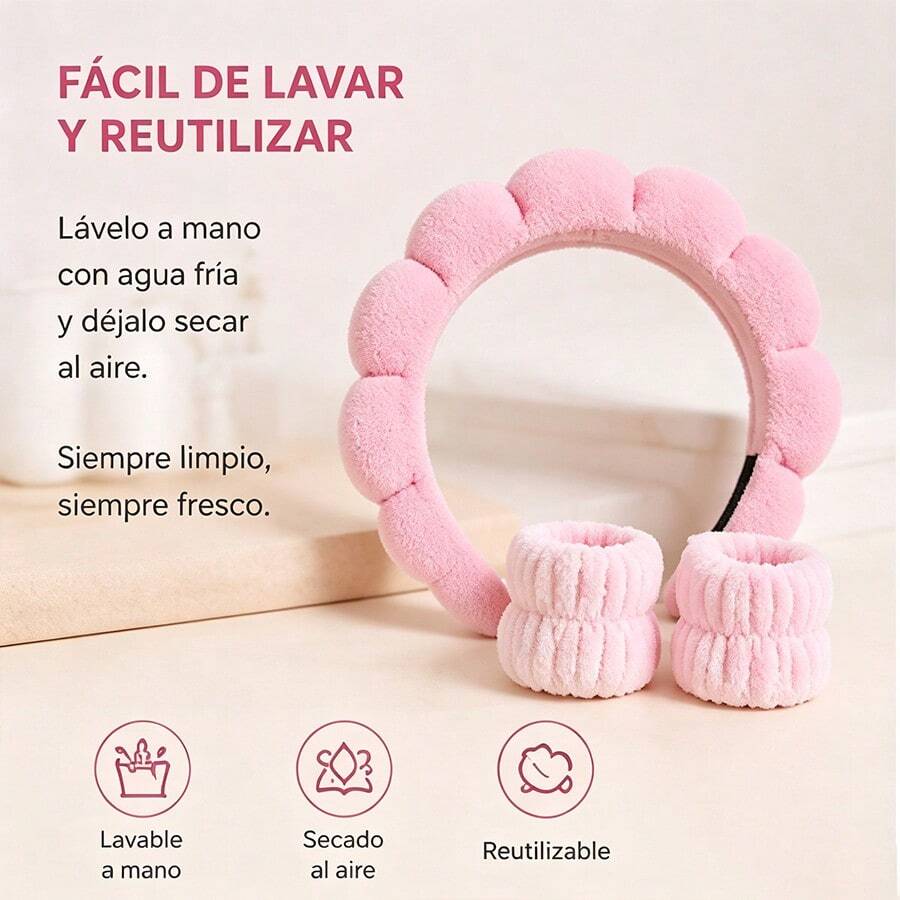 1 pieza Diadema para lavarse la cara / 2 piezas Muñequeras para lavarse la cara Diademas de maquillaje, Diademas para lavarse la cara, Diademas de cuidado de la piel, Diademas de esponja de felpa rosa, Lazos, Burbujas, Conjunto de accesorios para el cabello para mujeres y niñas - Rosa - Ver 1