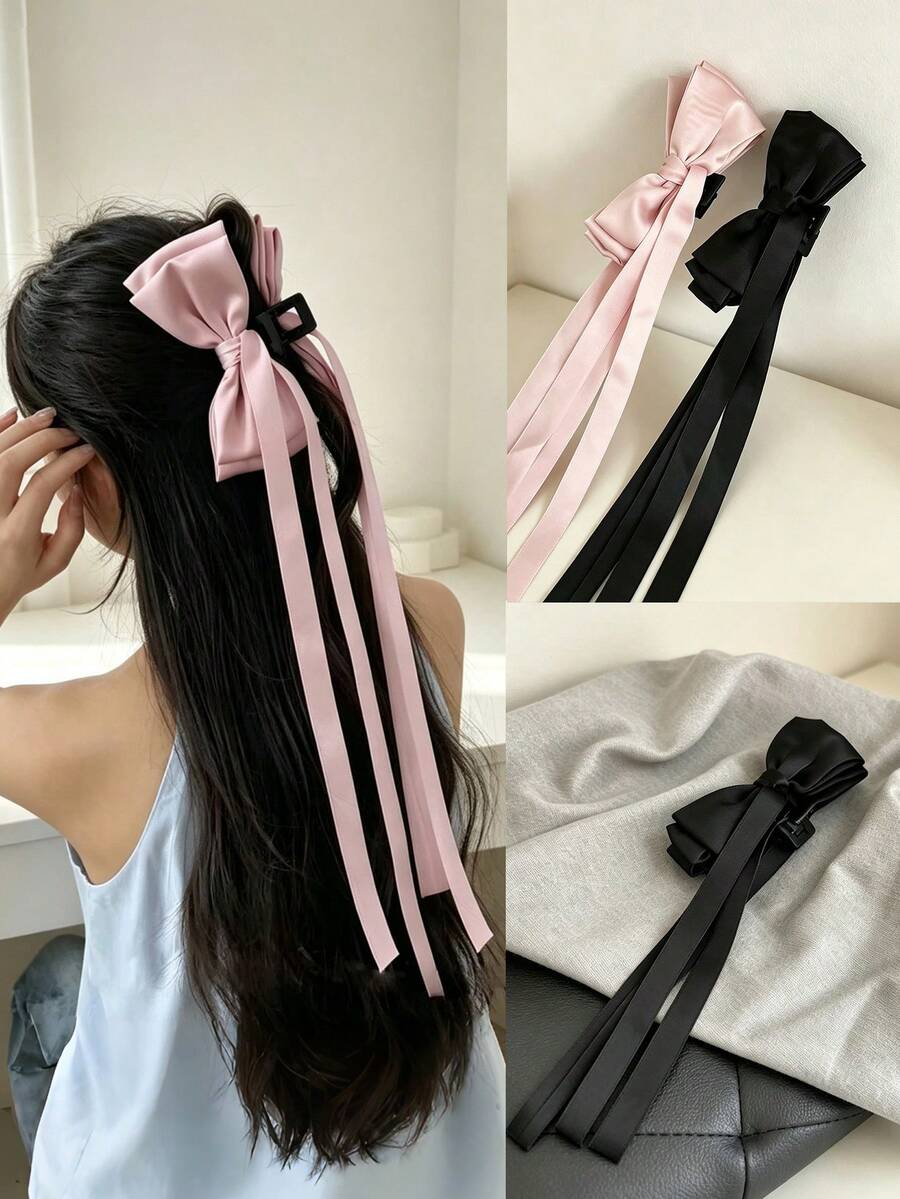 2pcs Satin Long Ribbon Bow Hair Clips, Elegant Bow Hair Clips, Suitable For Women's Daily And Party Hairstyles - Multicolor - View 1