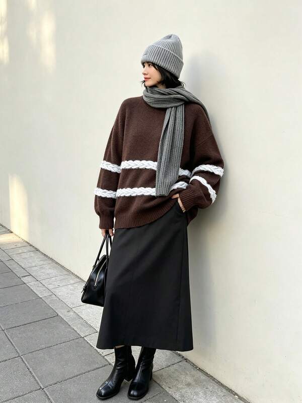 Sweater Rajut Bergaris Cokelat Ukuran Besar untuk Wanita, Garis-Garis Tenun Putih, Atasan Rajut Lengan Panjang Raglan dengan Kerah Bulat, Pakaian Sehari-hari Musim Gugur/Dingin
