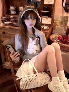 Women's Autumn/Winter Casual Round Neck 3D Cherry Blossom & Rabbit Pattern Sweet Cute Long Sleeve Knit Cardigan - Grey - View 7
