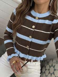 Plus Size Women's Autumn Outfit, Elegant Ruffle Trim Multi-Color Long Sleeve Button-Up Cardigan Striped Knit Sweater, Suitable For Outings And Commuting - Multicolor - View 1