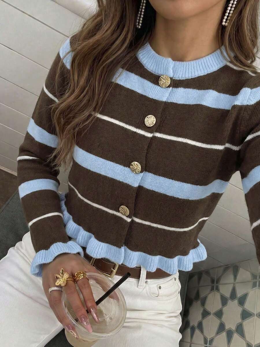 Plus Size Women's Autumn Outfit, Elegant Ruffle Trim Multi-Color Long Sleeve Button-Up Cardigan Striped Knit Sweater, Suitable For Outings And Commuting - Multicolor - View 1