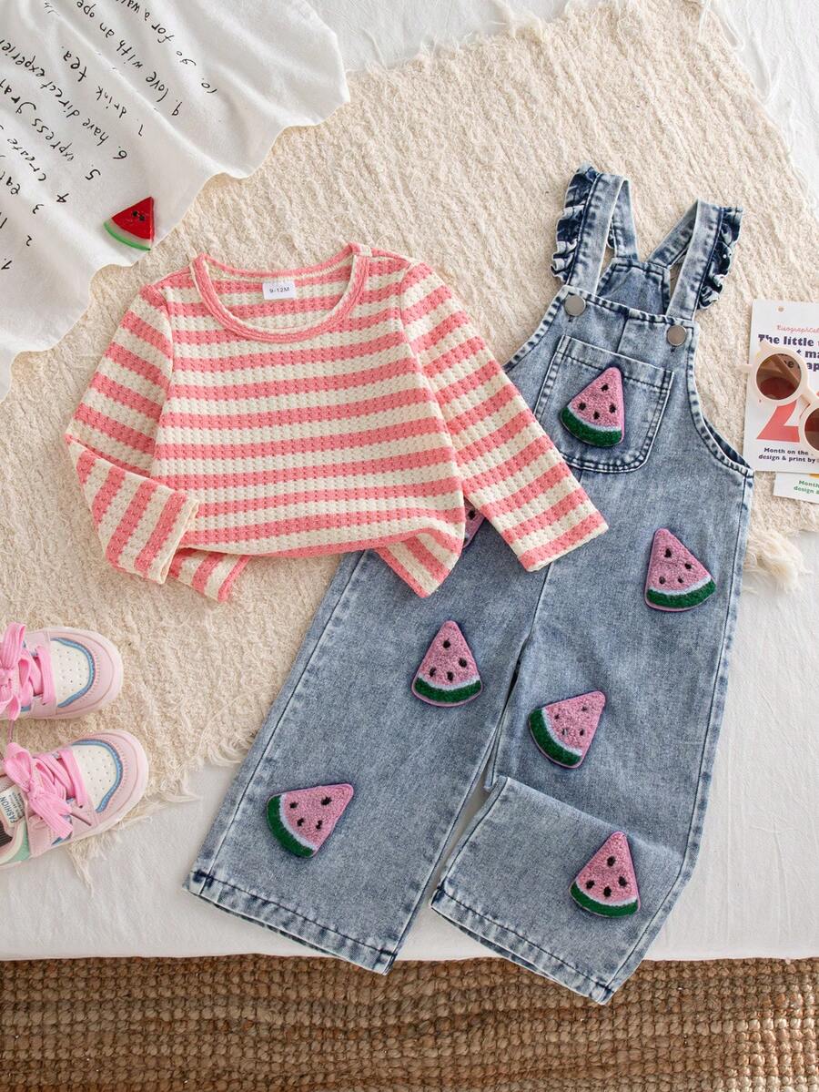 Autumn/Winter Baby Girl Pink & White Striped Bubble Texture Long Sleeve Inner Shirt & 3D Towel Embroidery Watermelon & Washed Denim Wide Leg Overalls 2 Pieces Set - Pink - View 1