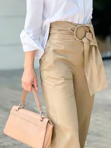 Women's Solid Color Waist Ring Connected Straight Leg Casual Pants - Light Khaki - View 3