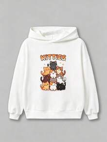 1 Girl's Pullover Hoodie With Stacked Kitten Cartoon Print, Long-Sleeve Sweatshirt In White, Perfect For Girls' Everyday Parties - White - View 2