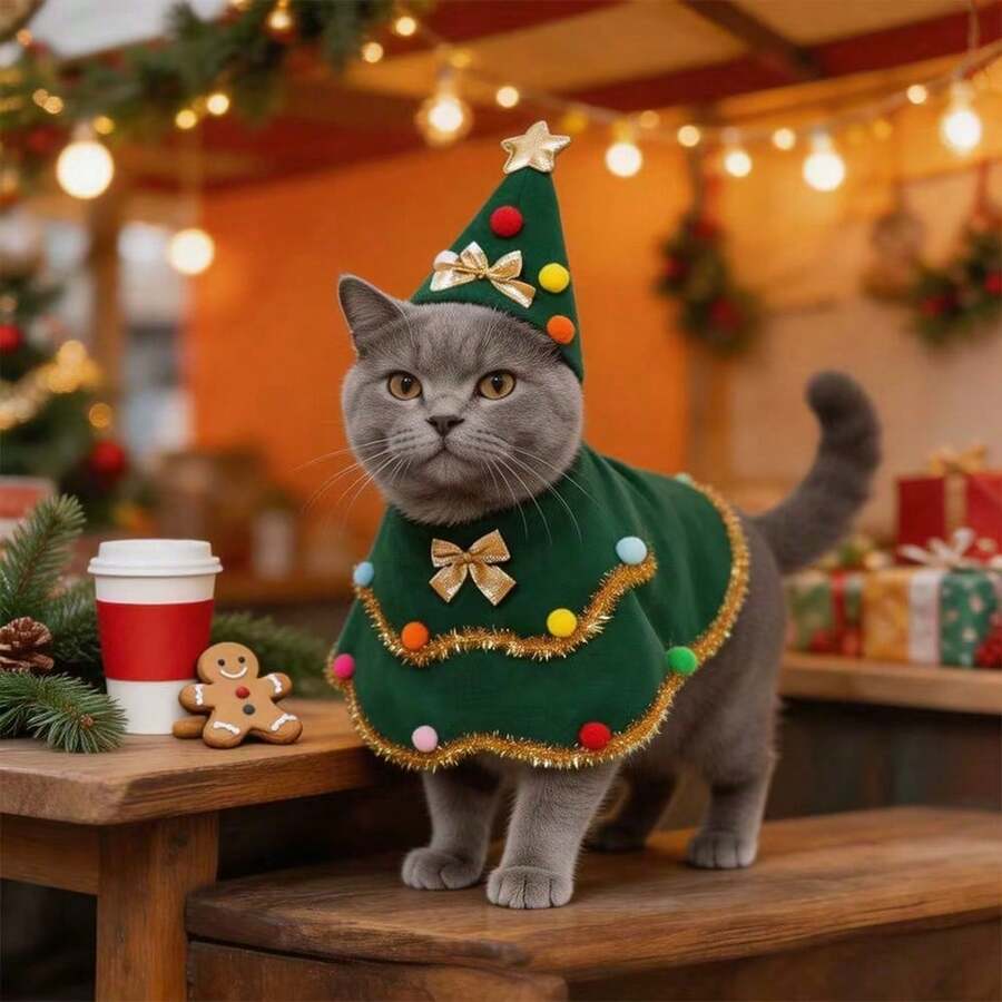 The Grinch Christmas Tree Pet Costume, Holiday Style Cape And Hat Set For Kittens And Puppies, Christmas Photo Props (Random Pom Pom Color) - Multicolor - View 1