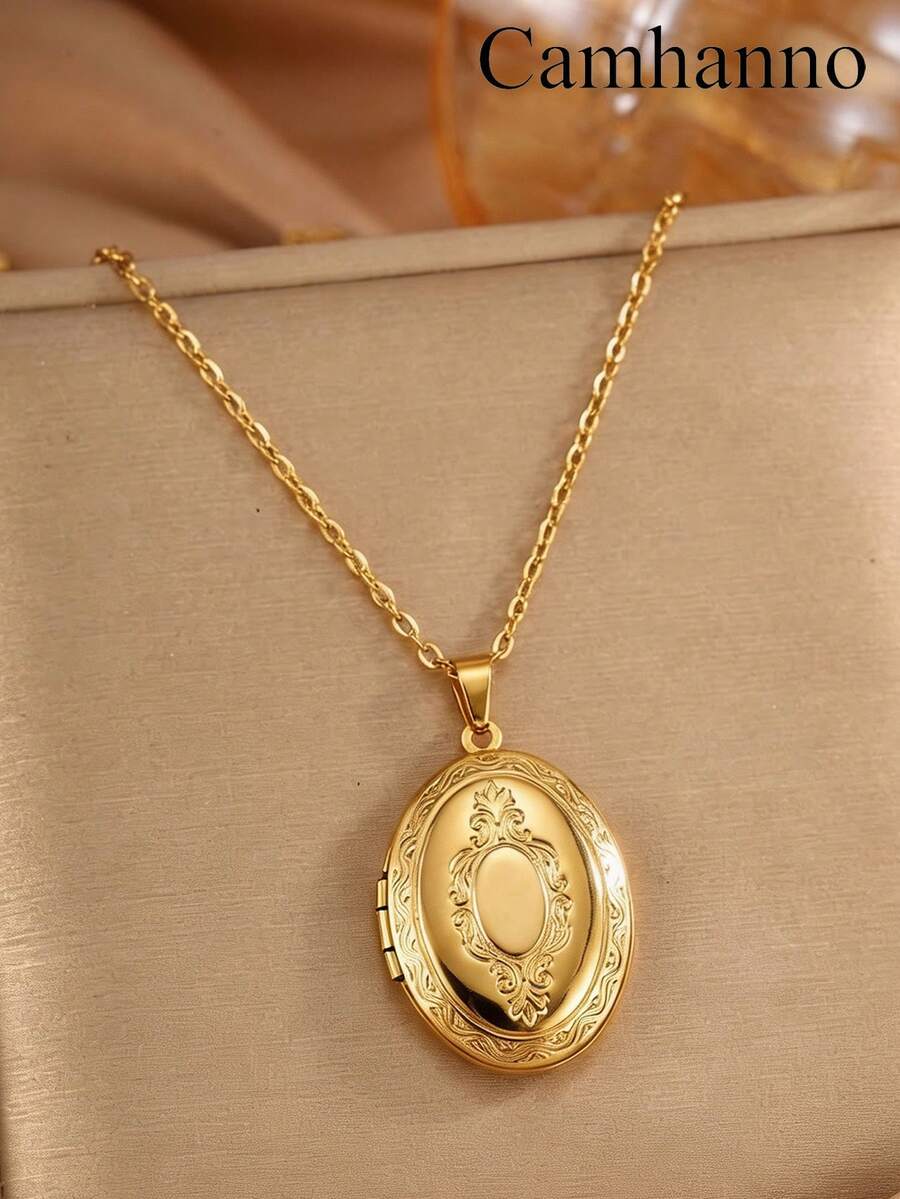 1pc Minimalist Openable Stainless Steel Patterned Photo Frame Pendant Necklace, Suitable As A Commemorative Gift For Loved Ones - Gold - View 1