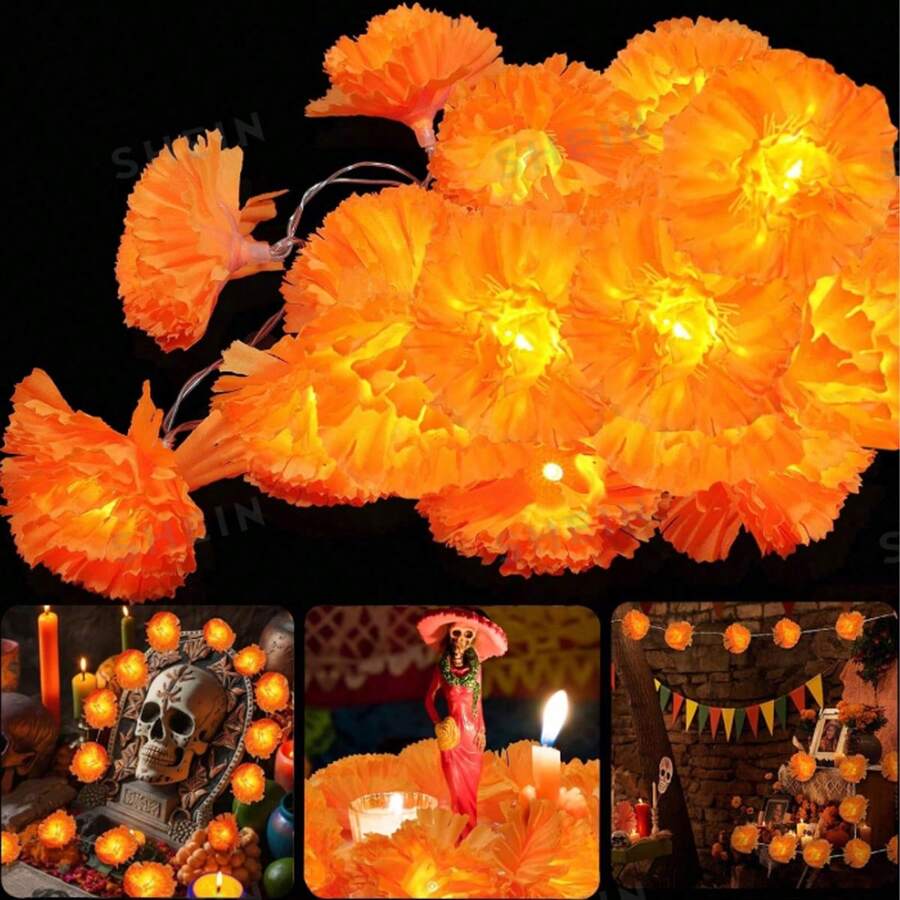 1pc Glowing Marigold Garland, 10 LED/20 LED Artificial Marigold String Lights, Halloween, Suitable For Indoor/Outdoor Holiday Party Decoration, Diwali - Orange - View 1