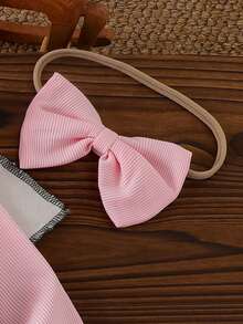 Baby Girl Soft & Cute 3-Piece Set, Pink Ribbed Ruffle Flutter Sleeve Long Sleeve Inner Top + Embroidered Bow Light Wash Denim Overall Pants + Pink Bow Headband, Sweet Spring/Autumn Outfit For Infants And Toddlers - Pink - View 11