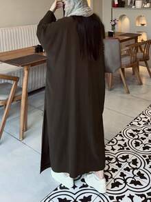 Women's Loose Casual Long Sleeve Collared Long Shirt With Front Buttons, Side Slits And Pockets, Solid Color, For Daily Wear And Dating - Brown - View 3