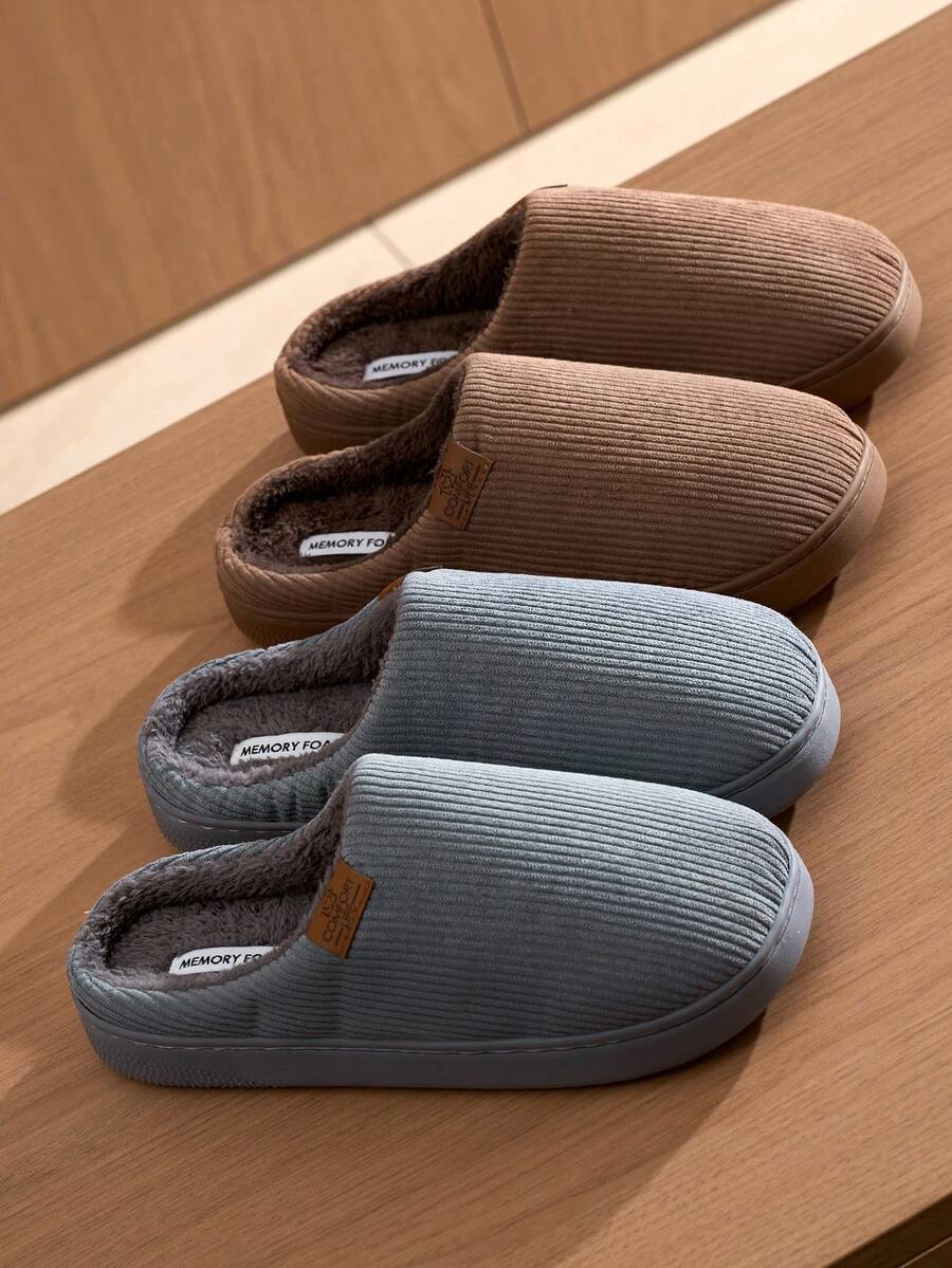 Multi-Color Unisex Fleece-Lined Slippers For Autumn/Winter, Solid Color Warm Plush Lining Home Slippers, Comfortable Sole, Slip-On Slouchy Person Home Essential, Minimalist Striped Solid Color Indoor Non-Slip Thick Sole Warm Slippers - Black - View 1