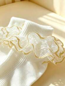 3 Pairs Girls White & Gold Lace Socks, Elegant Sweet Princess Style, Children's Dance Socks, Daily Matching With Dresses - White - View 2