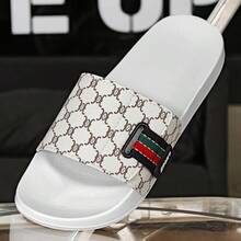 2026 Spring/Summer Korean Style Men's Personalized Print Slide Sandals, EVA Quick-Dry Soft Sole Roman Pattern Non-Slip Wear-Resistant, Fashionable Versatile Slippers For Bathroom, Home, Outdoor And Beach - White - View 1