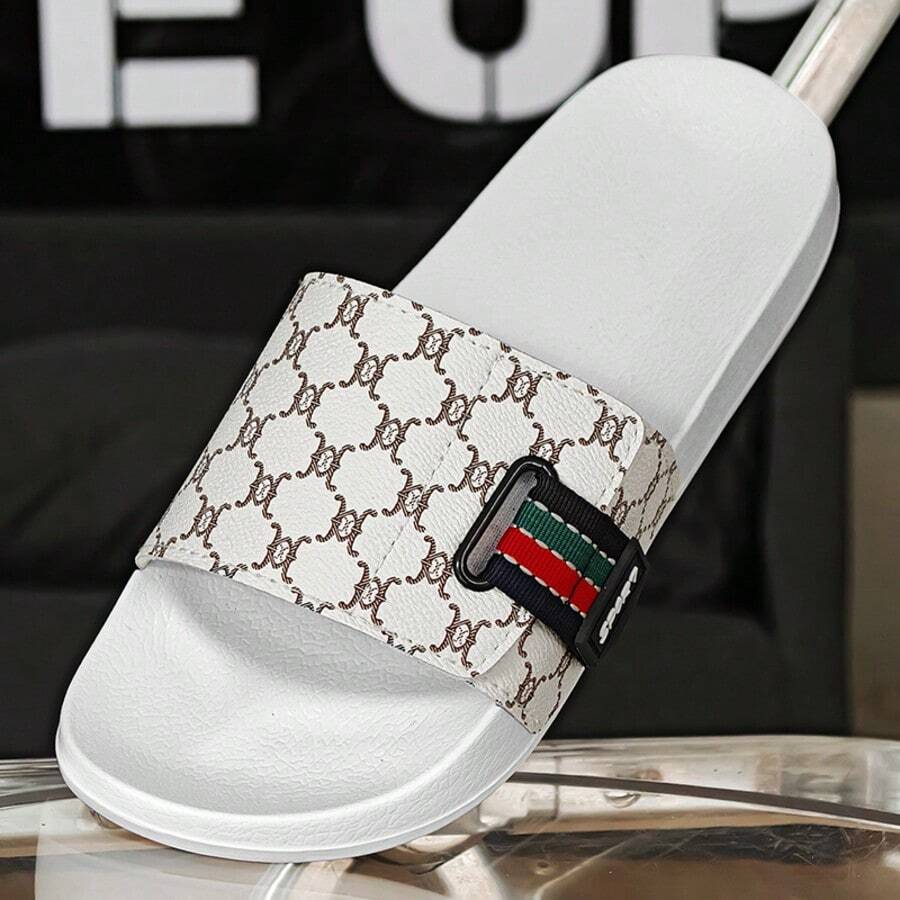 2026 Spring/Summer Korean Style Men's Personalized Print Slide Sandals, EVA Quick-Dry Soft Sole Roman Pattern Non-Slip Wear-Resistant, Fashionable Versatile Slippers For Bathroom, Home, Outdoor And Beach - White - View 1