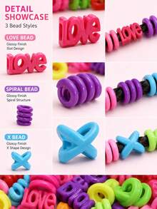 60pcs Girls Hair Beads Set, 3 Mixed Colors, Heart Letter Spiral X-Shaped Braiding Accessories, Suitable For Children And Teenagers - Multicolor - View 4