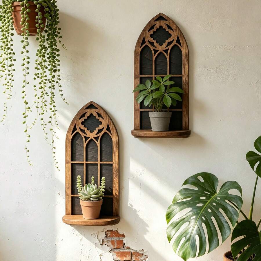 Gothic Window Pane Shelf With Backboard - Unique Cathedral Style Wooden Shelf, Suitable For Plants, Candles And Collectibles - Ideal Home Decor - Multicolor - View 1