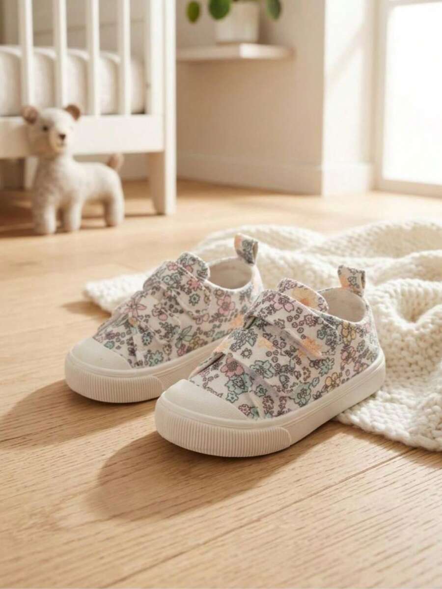 Girls' Fashionable Cute Sweet Style Printed Floral Pattern Breathable Casual Cloth Shoes Suitable For Spring Outdoor Garden Party, Daily Outings - Blue - View 1