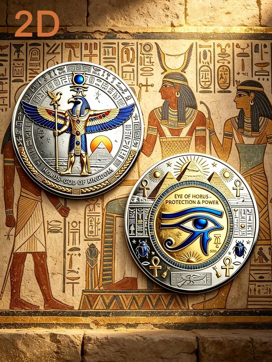 2D Egyptian Amulet Commemorative Coin, Eye Of Horus, Protection And Power, Commemorative Collectible‑Egyptian Mythology Coin, Pyramid, Ankh, Scarab, Challenge Coin. A Gift For Lovers Of Ancient Egyptian Culture, Comes With An Acrylic Protective Case - Silver - View 1
