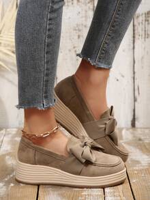 Women's New Bow Velvet Thick Sole Comfortable Height-Increasing Wedge Shoes Beach Home - Khaki - View 5
