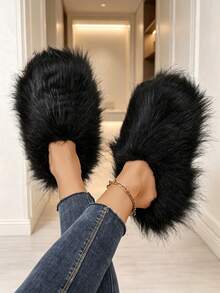 Women's Fuzzy Long Fluffy Fur Mule Slippers, Winter Warm Closed Toe Slip On Shoes, Indoor Outdoor Fashion Plush Slides - Black - View 5