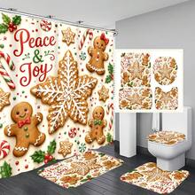 1pc/4pcs Christmas Snowflake Gingerbread Man Multi-Functional Bathroom Decor Shower Curtain Set, Free 12 Hooks, Premium Holiday Atmosphere, Bathroom Mat, U-Shaped Floor Mat And Round Toilet Lid Cover, Suitable For All Christmas Occasions - Snowflake Gingerbread Man - View 8