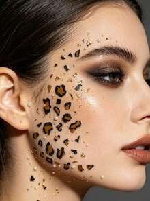 1/2pcs Leopard Print Face Stickers With Rhinestones, 3D Facial Gems, Cheek Makeup Decoration, Suitable For EDM Festival, Music Festival, Halloween, Cosplay, Party, Holiday And Other Occasions - Multicolor - View 3