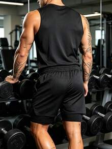 Men's Sports Tank Top Mesh Pullover Round Neck Reflective Print Sports Shorts Set Running Fitness Workout Outfit - Black - View 2