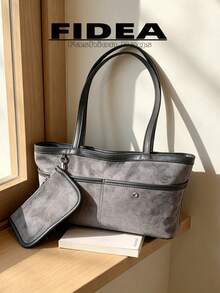 New Large Capacity Matte PU Shoulder Bag, Women's Minimalist Colorblock Handbag With Detachable Charm Pouch, Versatile For Work, Travel And Daily Use - Grey - View 11