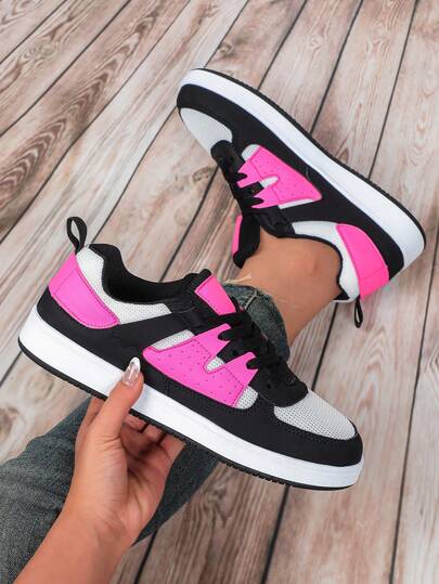 Women's White-Black-Bright Pink Skateboard Sneakers, Magenta Mesh Patchwork Low-Top Lace-Up Skate Shoes, Dopamine Style Casual Daily Streetwear Shoes