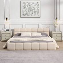 Elegant Beige Chenille Upholstered Bed With Checkerboard Design Queen Beige - Beige + Chenille + Queen1 - View 3