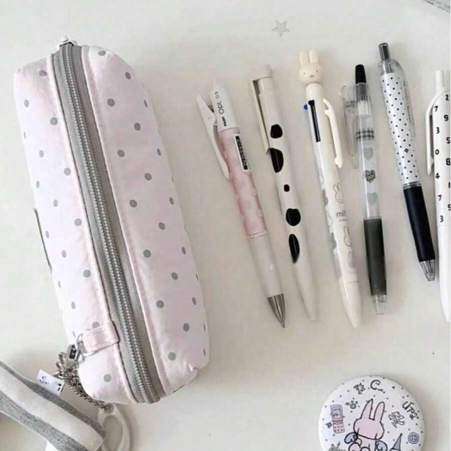 1pc Korean Style Grey Pink Polka Dot Rabbit Pencil Case, Stationery Storage Bag, Pixel Style Pencil Case, Cosmetic Storage Bag, Digital Storage Bag, Small Item Storage Bag, Suitable For Study, Work, Travel And Daily Use, Perfect For Students And Women, Back To School, School Supplies, Gift, Back To School - A - View 1