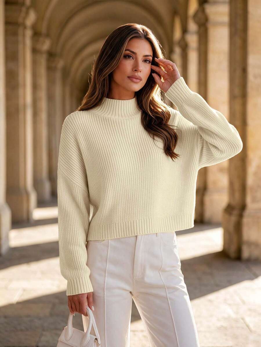 Women's Basic Cute Short Sweater, Casual Lightweight Comfortable Ribbed Knit Pullover Crop Top, Long Sleeve Short Sweater
