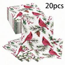 20/60/80 Pcs,Christmas Cardinal Bird Disposable Paper Dinner Tissues,2-Ply Red Cardinal Holly Berry Pine Cone Print Dessert Napkins,Holiday Tableware Supplies For Winter Gathering,Xmas Eve Dinner,New Year Celebration - Multicolor - View 11