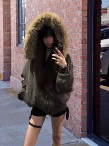 Women's Winter Hooded Parka Coat With Faux Fur Trim, Black Long Sleeve, Zipper Pockets, Fitted Hem, Regular Length, 100% Polyester Filling - Army Green - View 6