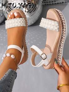 Summer Fashion Women's Wedge Sandals, Bohemian Style Rivet Open Toe Design With Ankle Strap, Breathable Comfortable Casual Elegant Flat Shoes - White - View 2