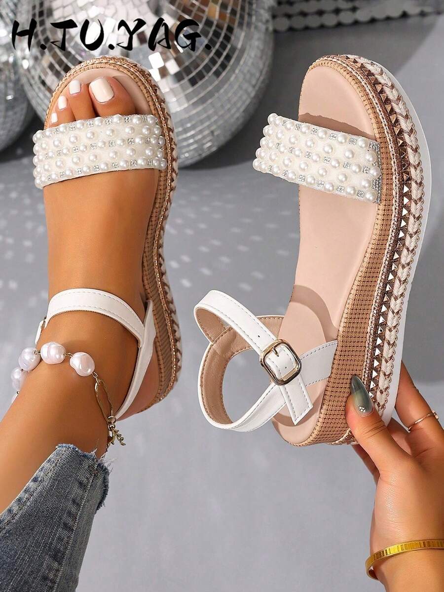 Summer Fashion Women's Wedge Sandals, Bohemian Style Rivet Open Toe Design With Ankle Strap, Breathable Comfortable Casual Elegant Flat Shoes