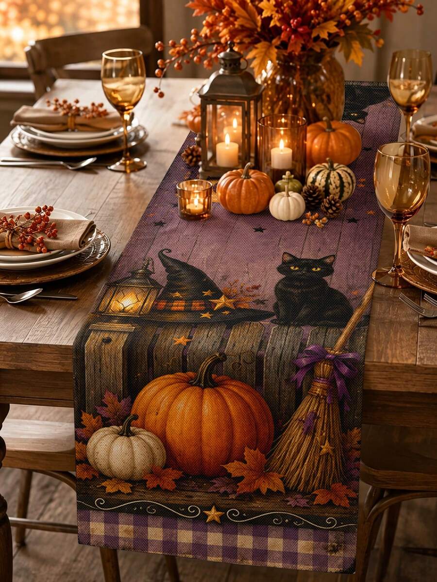 Halloween Table Runner, Throw Pillow, Placemat, Witch Hat Black Cat Vintage Purple Long Table Runner, Pumpkin Lantern Broom Star Moon Pattern, Kitchen Dining Table Halloween Party Decoration - Multicolor - View 1